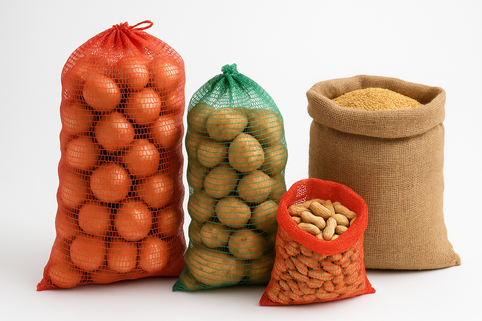 These bags transport food items like onions, potatoes, peanuts, feed, etc. Designed to breathe, they prevent moisture retention, perfect for transport and storage. Various sizes and quantities offered.